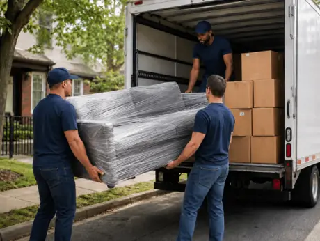 Three movers loading a moving truck
